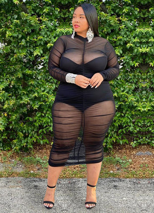 Plus Size Clothing Dresses for Women Long Sleeve Dress with Bodysuit Lining Sexy Mesh Bodycon Dress Wholesale Dropshipping