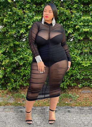 Plus Size Clothing Dresses for Women Long Sleeve Dress with Bodysuit Lining Sexy Mesh Bodycon Dress Wholesale Dropshipping