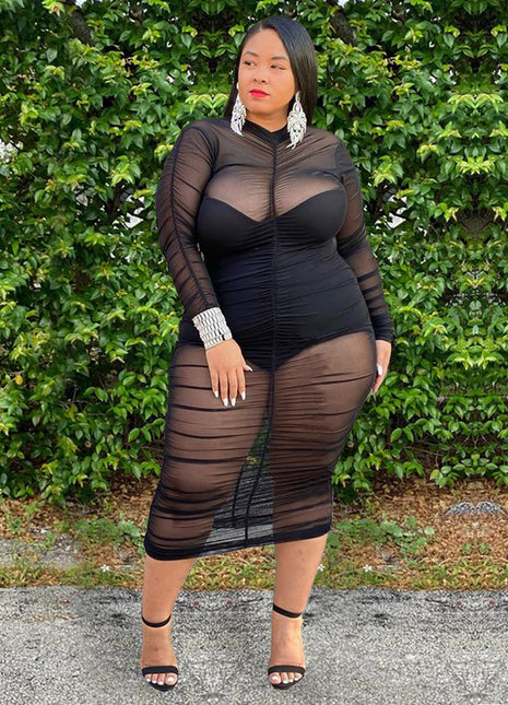 Plus Size Kleidung Kleider für Frauen Langarm Kleid mit Bodysuit Futter Sexy Mesh Bodycon Kleid Großhandel Dropshipping