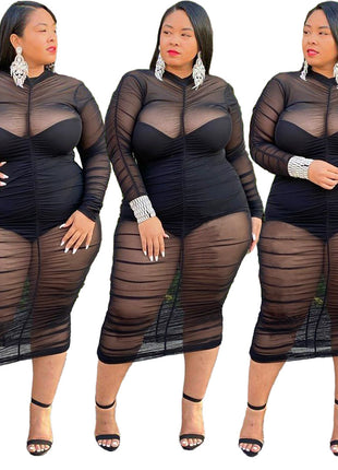 Plus Size Clothing Dresses for Women Long Sleeve Dress with Bodysuit Lining Sexy Mesh Bodycon Dress Wholesale Dropshipping