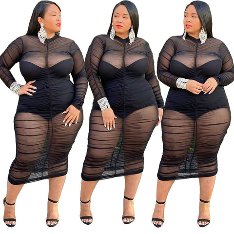 Plus Size Kleidung Kleider für Frauen Langarm Kleid mit Bodysuit Futter Sexy Mesh Bodycon Kleid Großhandel Dropshipping