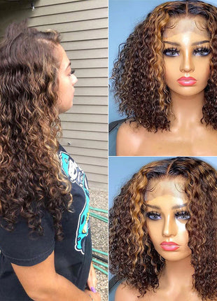 Natural Curly Deep Wave Lace Wig, Piano-color Inter-color Lace Headgear