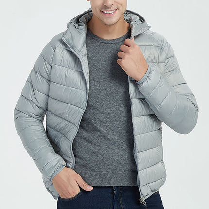 Manteau à capuche léger pour homme, veste d'hiver chaude à fermeture éclair de couleur unie, vêtements d'extérieur portables à la mode