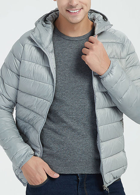 Men's Lightweight Hooded Coat Winter Warm Solid Color Zipper Jacket Fashion Portable Outerwear Top Clothing