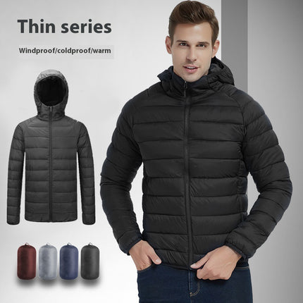 Manteau à capuche léger pour homme, veste d'hiver chaude à fermeture éclair de couleur unie, vêtements d'extérieur portables à la mode