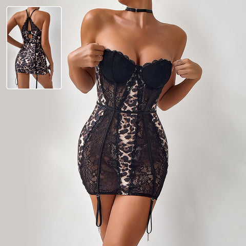 Sexy Leopard Lace Tube Top Kleid Ins Mode Korsett A-Linie Kurze Kleider für Frauen Kleidung