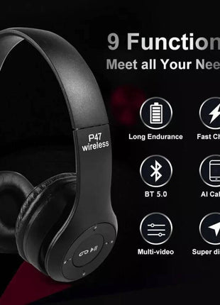 P47 Foldable Wireless Bluetooth Stereo FM Over Ear Headphones 5.0 EDR