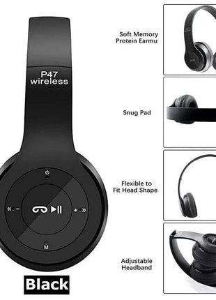 P47 Foldable Wireless Bluetooth Stereo FM Over Ear Headphones 5.0 EDR