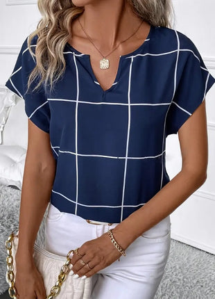 Plaid Print Notched Neck Blouse, Casual Short Sleeve Blouse For Spring & Summer, Women's Clothing