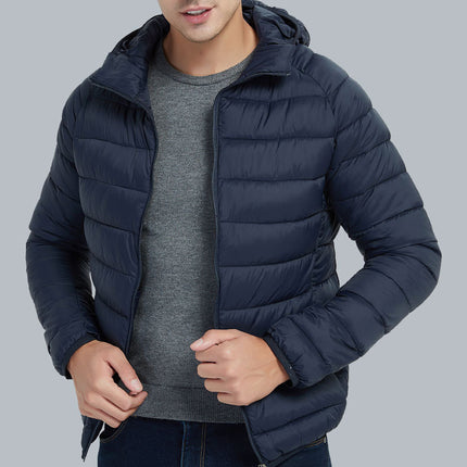 Manteau à capuche léger pour homme, veste d'hiver chaude à fermeture éclair de couleur unie, vêtements d'extérieur portables à la mode