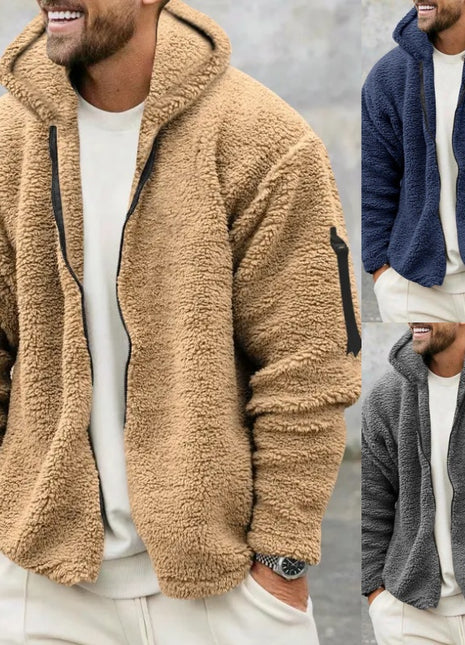 Plüsch-Kapuzenjacke für Herren, Herbst und Winter, Fleece, doppelseitig tragbar, warmer Mantel mit Reißverschluss, lockere Freizeitjacke, Outdoor-Kleidung