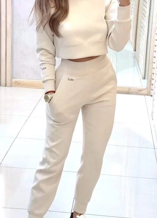 Stand Collar Sports Suit Fashion Pullover Long-sleeves Short Top And Slim Trousers With Pockets Solid Outfits Women's Clothing