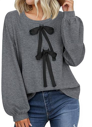 Women's Round Neck Front Lace-up Bow T Pullover Split Long Sleeve Shirt