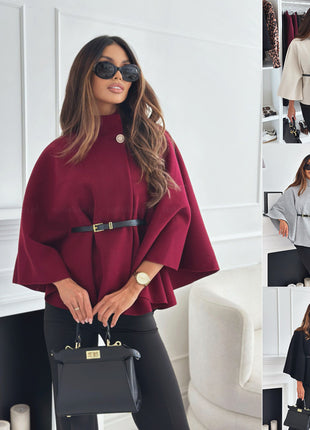 New Stand Collar Batwing Sleeves Cloak Top With Belt Ins Fashion Temperament Jacket Woolen Sweater Outwear For Women Clothing