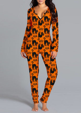 Halloween Printed Jumpsuit Long Sleeve Home Pajamas Casual Trousers Women's Cos Clothing