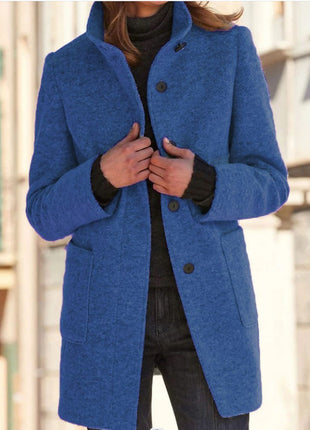 Manteau en laine à col montant avec poches pour femme, vêtement d'extérieur décontracté à boutons pour l'automne et l'hiver