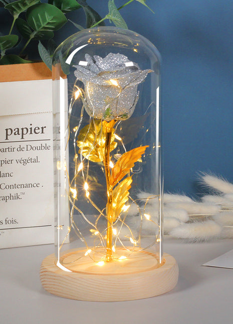 Cadeau de Saint-Valentin pour petite amie, fleurs de roses éternelles avec lumière LED dans un couvercle en verre, décoration de mariage, fête des mères, cadeau pour femme