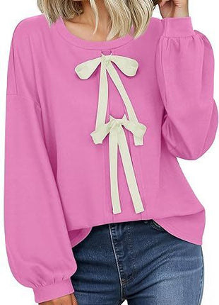 Women's Round Neck Front Lace-up Bow T Pullover Split Long Sleeve Shirt