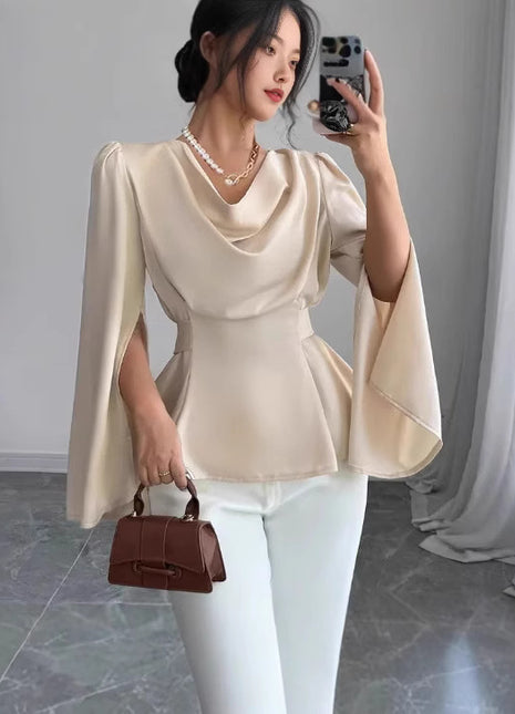 Women's Satin Flare Sleeve Waist Trimming Shirt