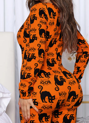 Halloween Printed Jumpsuit Long Sleeve Home Pajamas Casual Trousers Women's Cos Clothing