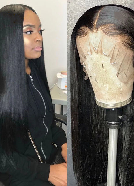 Ladies Mid-length Straight Hair Black Synthetic Front Lace Wig Headgear