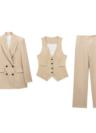 Linen Double Breasted Suit Coat Vest Straight-leg Pants Suit