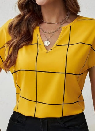 Plaid Print Notched Neck Blouse, Casual Short Sleeve Blouse For Spring & Summer, Women's Clothing