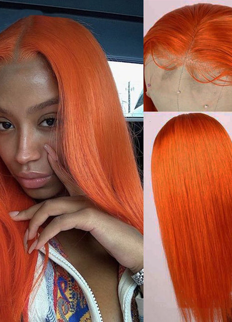 Split Orange Long Straight Chemical Fiber Lace Free Wig