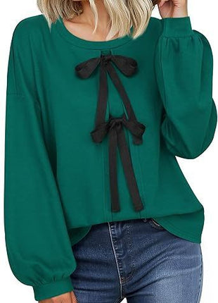 Women's Round Neck Front Lace-up Bow T Pullover Split Long Sleeve Shirt