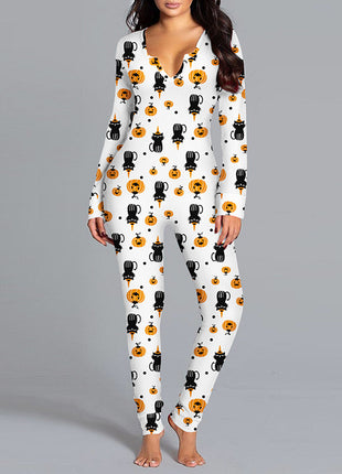 Halloween Printed Jumpsuit Long Sleeve Home Pajamas Casual Trousers Women's Cos Clothing