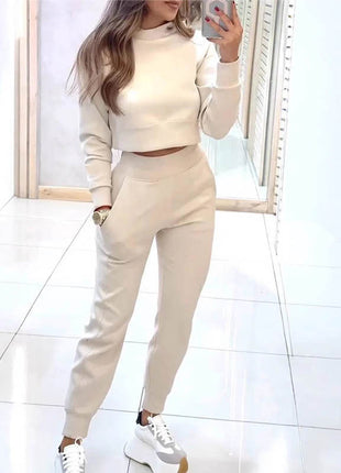 Stand Collar Sports Suit Fashion Pullover Long-sleeves Short Top And Slim Trousers With Pockets Solid Outfits Women's Clothing