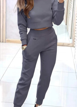 Stand Collar Sports Suit Fashion Pullover Long-sleeves Short Top And Slim Trousers With Pockets Solid Outfits Women's Clothing