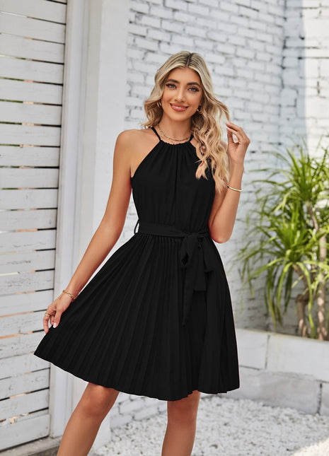 Halter Strapless Dresses For Women Solid Pleated Skirt Summer Beach Sundress