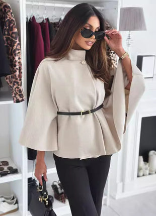 New Stand Collar Batwing Sleeves Cloak Top With Belt Ins Fashion Temperament Jacket Woolen Sweater Outwear For Women Clothing