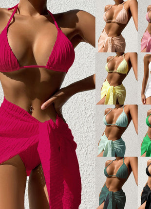 Maillot de bain dos nu 3 pièces pour femme, ensemble de plage, couleur unie, sexy, dos nu, avec jupe en maille, vêtements d'été