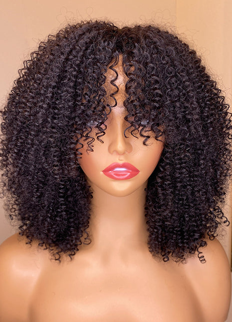 Kinky Curly Human Hair Wigs With Bangs