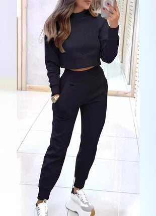 Stand Collar Sports Suit Fashion Pullover Long-sleeves Short Top And Slim Trousers With Pockets Solid Outfits Women's Clothing