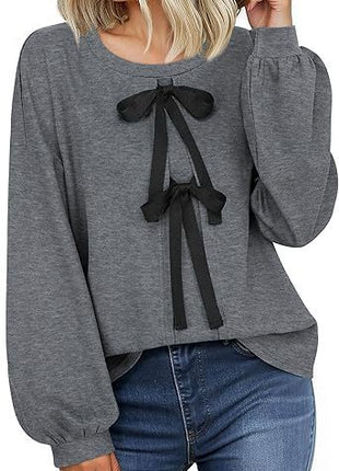 Women's Round Neck Front Lace-up Bow T Pullover Split Long Sleeve Shirt