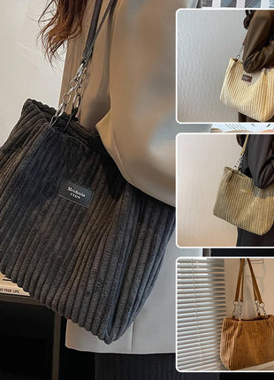 Casual Simple Portable Shopper Tote Bag Corduroy Solid Commuter Zipper Women's Handbag