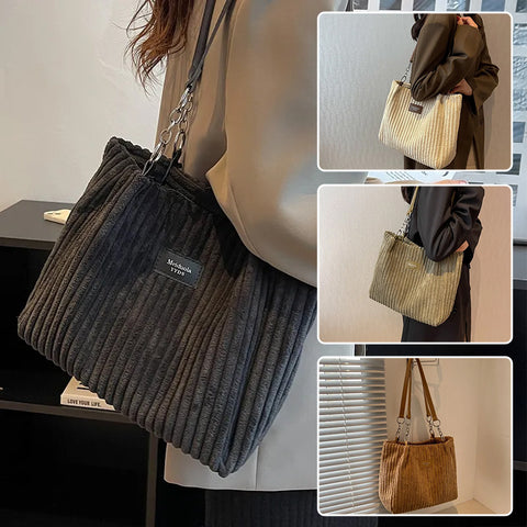 Casual Simple Portable Shopper Tote Bag Corduroy Solid Commuter Zipper Women's Handbag