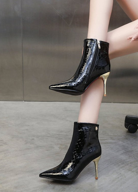 Stone Pointed Patent Leather All-matching Stiletto Thin Women's Boots