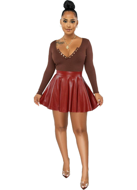 Sexy Solid Color PU Leather Swing Women's Skirt