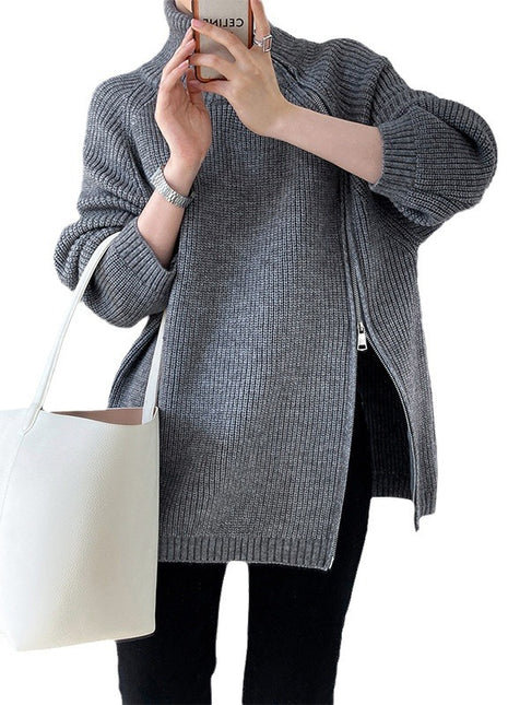 Double-headed Zipper Turtleneck Sweater Coat Loose Plus Size Knitwear