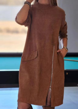 Robe à manches longues fendue avec fermeture éclair sur le côté pour femme