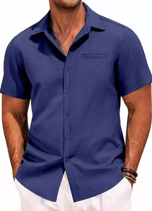 Polo Collar Solid Color Short Sleeve Button Shirt