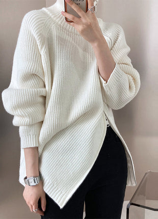 Double-headed Zipper Turtleneck Sweater Coat Loose Plus Size Knitwear