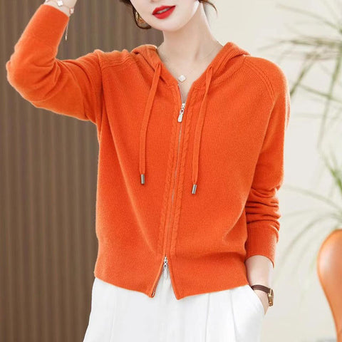 Lapel Knitted Cardigan Coat Ladies Hooded Loose Sweater