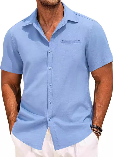 Polo Collar Solid Color Short Sleeve Button Shirt