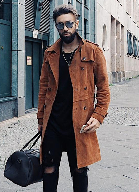 Manteau mi-long en daim style rétro américain pour homme