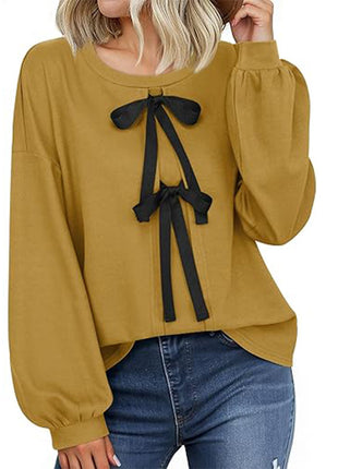 Women's Round Neck Front Lace-up Bow T Pullover Split Long Sleeve Shirt